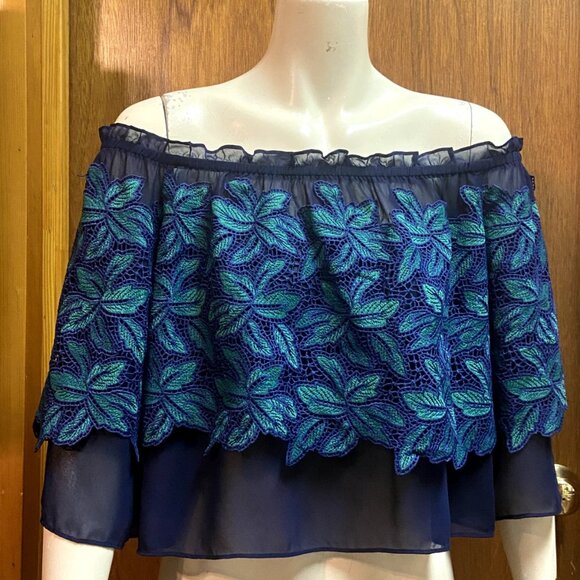 Jenn On Off Shoulder Garden Embroidered Lace Ruffle Cropped Blouse Top L 42 - Picture 3 of 12